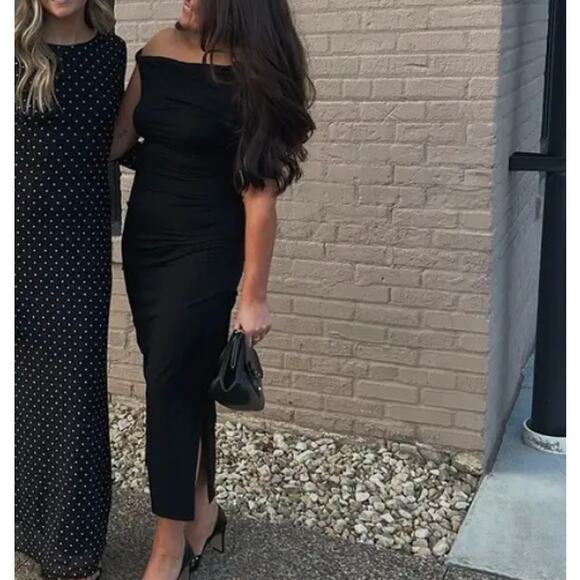 Paris Georgia Black Ruched Midi Dress MEDIUM Bodycon Off Shoulder Cocktail $250 - Picture 5 of 10